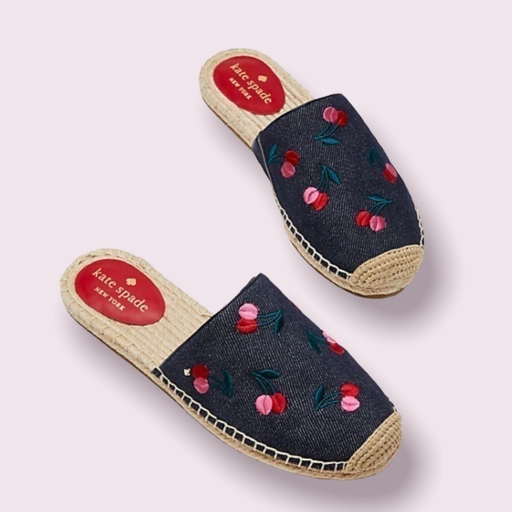 Kate Spade Cherry Mules Denim & Leather Shoes NWT Size 6